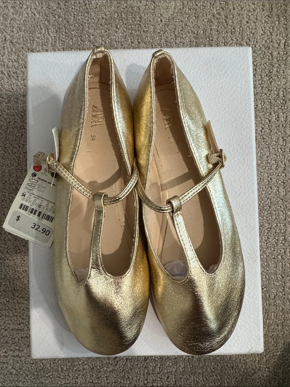 Zara Kids Metallic Gold T-Bar Dress Flats